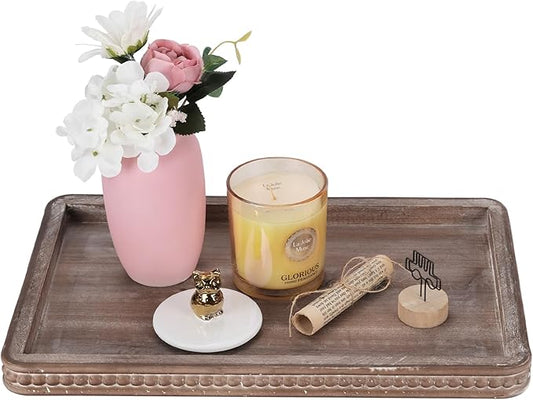 15.4" Rectangular Farmhouse Wooden Beaded Decorative Tray for Coffee Table, Rustic Wooden Trays for Kitchen Counter, Vintage Centerpiece As Candle Holder and Organizer (Wood, 15.4"x10")