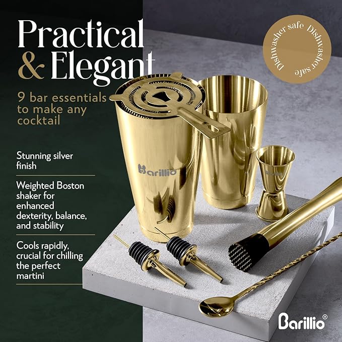 Barillio Gold Boston Shaker Set - Stainless-Steel, Weighted Martini Cocktail Shaker Set w/Strainer & Drink Mixer - Mixology Bartender Kit - Bar Set for The Home - 9-pc Drink Shaker Set - Bar Tools
