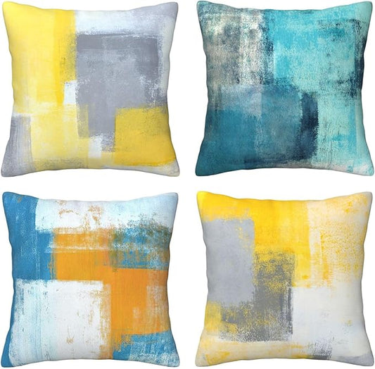 Yellow Decorative Throw Pillow Covers 18x18 Set of 4 Teal Pillow Cover Modern Abstract Art Decorative Pillows for Living Room Bedroom Sofa Couch Pillow Covers