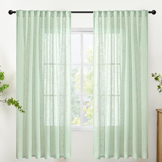 YoungsTex Sage Green Linen Curtains 72 Inch Length for Living Room 2 Panels, Rustic Semi Sheer Window Treatments Light Filtering with Rod Pocket Back Tab for Bedroom Dining, 2 Panels, 52 X 72 Inch