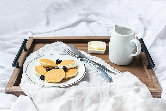 Decorative Ottoman Serving Tray Wooden Rustic (Set of 2) | Black Sleek Metal Handles | 4 Matching Coasters | Coffee Table Decor | Serving Kitchen Platter (Brown)