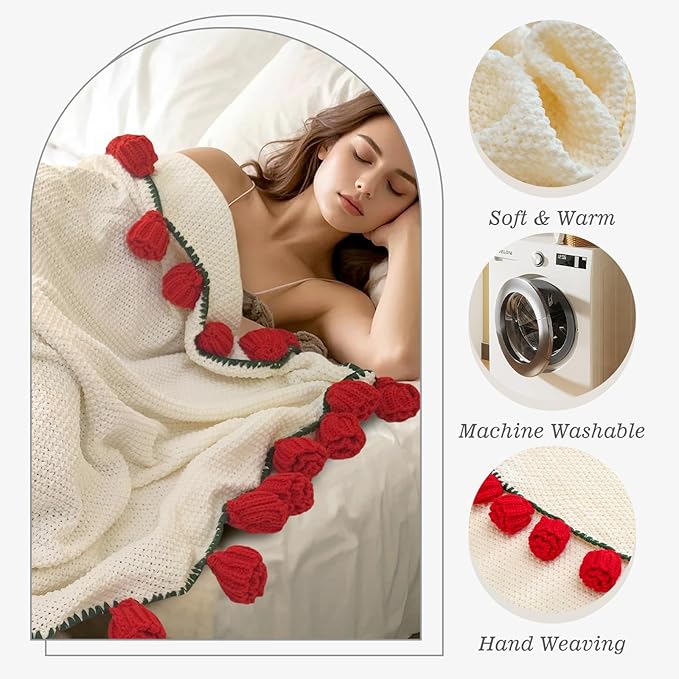 Flower Bouquet Blanket Gifts for Mom Grandma Wife Girlfriend,Completed Crochet Flower Blanket,Soft Knitted Throw Blankets,Gifts for Her Christmas Birthday Anniversary (Red Roses)