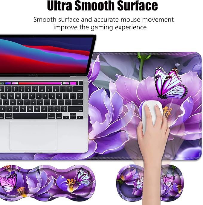 4 in 1 Ergonomic Memory Foam Mouse Pad Wrist Rest Set, Large XXL Gaming Desk Pad + Keyboard Wrist Rest + Mouse Wrist Cushion + Coaster for Home Office Study Gaming, Purple Flowers and Butterfly