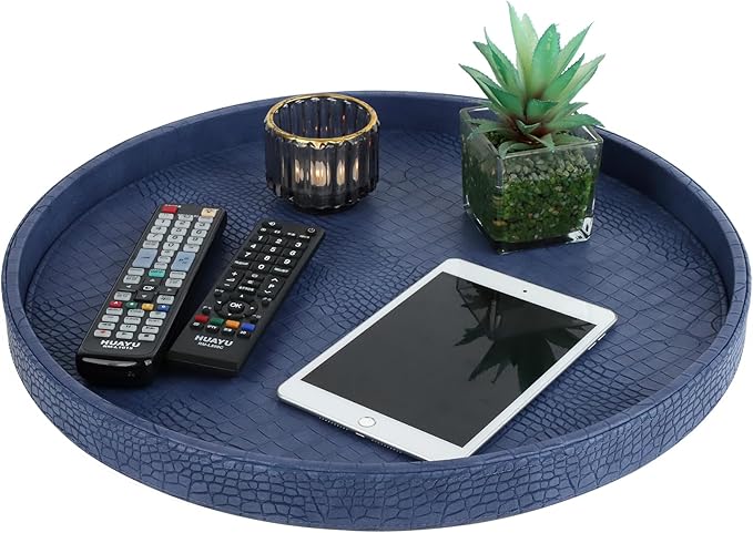 HofferRuffer Round Serving Tray 20'', Elegant Faux Leather Circle Ottoman Table Tray, Serve Tea Coffee Breakfast in Bedroom Living Room Kitchen (Blue, 20")