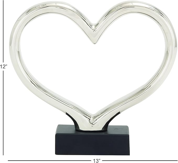 Deco 79 Ceramic Heart Decorative Sculpture Home Decor Statue with Black Base, Accent Figurine 13" x 3" x 12", Silver