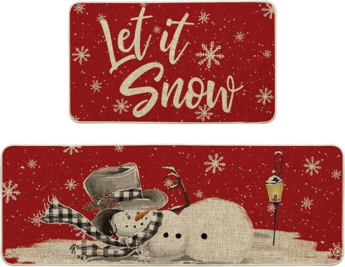 Artoid Mode Red Let It Snow Snowflake Snowman Winter Kitchen Mats Set of 2, Christmas Decor Low-Profile Kitchen Rugs for Floor - 17x29 and 17x47 Inch