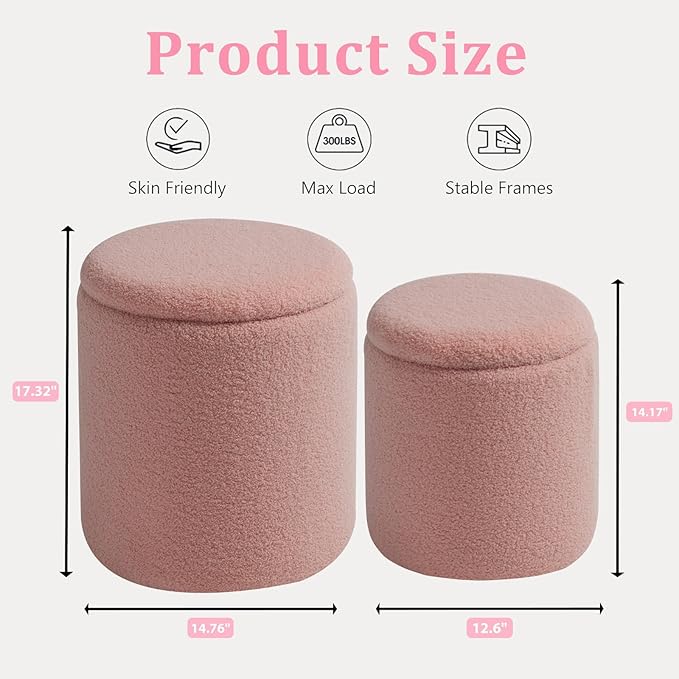 Round Ottoman with Storage Set of 2-Upholstered Sherpa Vanity Stool for Makeup Multifunctional Ottomans Coffee Table Padded Seat Foot Rest for Living Room&Bedroom(Sherpa Pink)