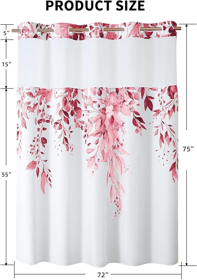 QiyI No Hook Shower Curtain with Snap in Fabric Liner, Pink Eucalyptus Shower Curtain with See Through Top Window, Waterproof Washable Cloth Ringless Shower Curtain Set for Bathroom, 72 x 75