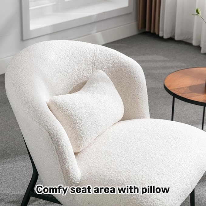 DUOMAY Modern Accent Chair, Sherpa Upholstered Leisure Boucle Single Sofa Lounge Chair with Lumbar Pillow Metal Legs Slipper Chair for Living Room Bedroom Office, White