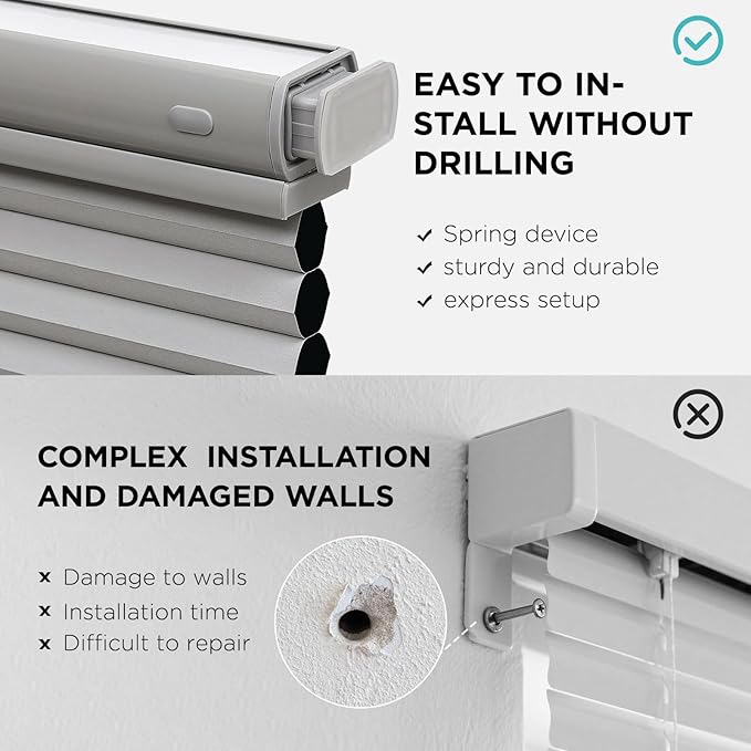 Joydeco No Tools No Drill Blinds for Indoor Windows, Cordless Window Blinds Cellular Shades Top Down Bottom Up Blackout Honeycomb Blinds Thermal Insulated Noise Reduction (Grey, 28" W x 64" H)