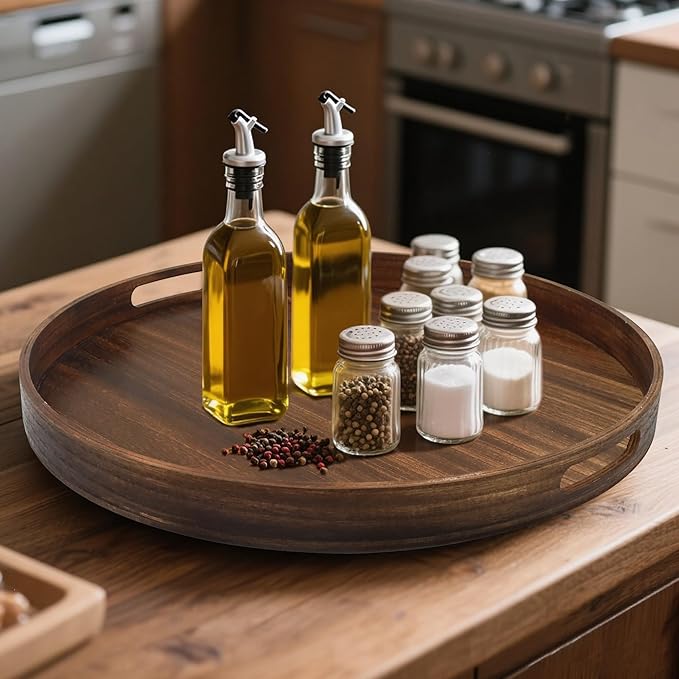 Round Decorative Tray, Extra Large Wooden Serving Tray with Handles, 11.8in Vintage Brown Decorative Trays for Coffee Table,Kitchen Counter,bandejas decorativas