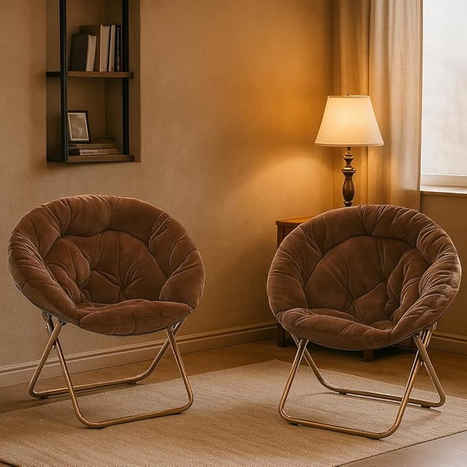 Magshion Saucer Chair for Adults, Comfy Living Room Lounge Chair for Bedroom Corner, Dorm, Apartment, Faux Fur Fluffy Circle Accent Seat with Thick Padded & Folding Metal Frame (Brown, Set of 2)