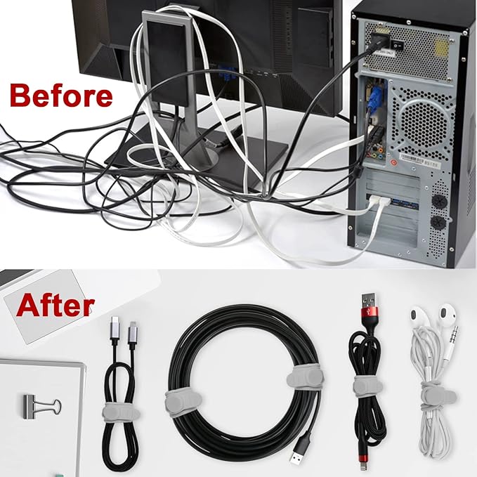 Nearockle 16Pcs Silicone Cable Straps Wire Organizer for Bundling Earphone, Phone Charger, Computer Cords, Reusable Cable Ties Cord Organizer in Home,Office,Kitchen,School(Grey)