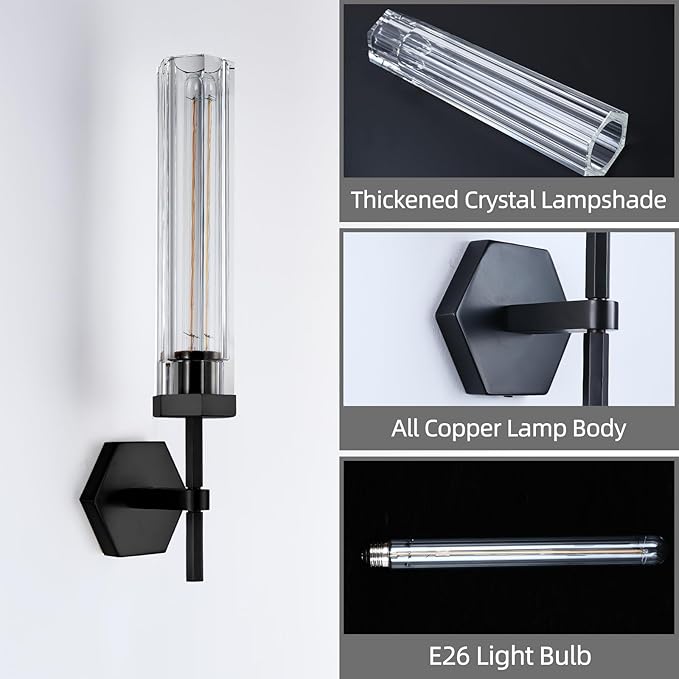 Crystal BathroomVanity Wall Sconces Set of Two Black Modern Bathroom Wall Sconces,12.59in Crystal Vanity Lights Fixture,Indoor Sconces Wall Lighting For Bedroom,Hallway,Staircase,Living room