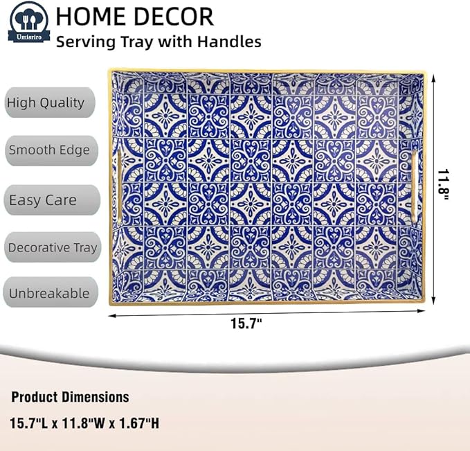 Serving Tray with Handles, Rectangular Decorative Trays for Coffee Table, Plastic Ottoman Tray for Living Room, Decor, Boho Blue, 15.7”*11.8”*1.6"