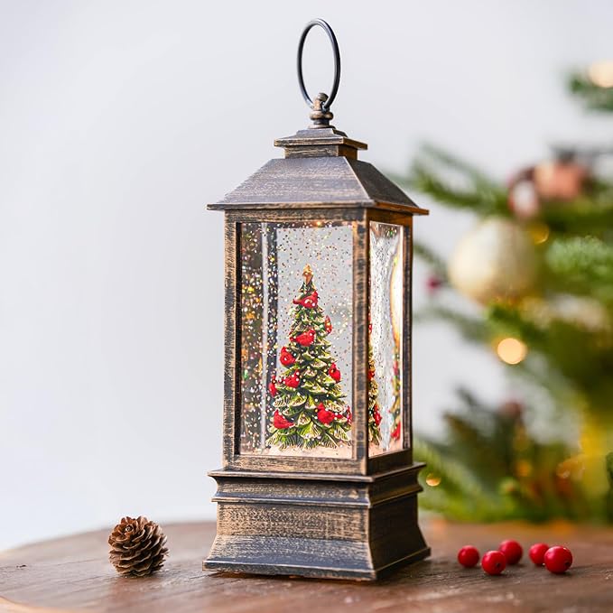 10" Lighted Christmas Tree Cardinal Music Snow Globe Water Lantern with Swirling Glitter Decoration for Christmas Home, Living Room, Battery Operated or USB Powered