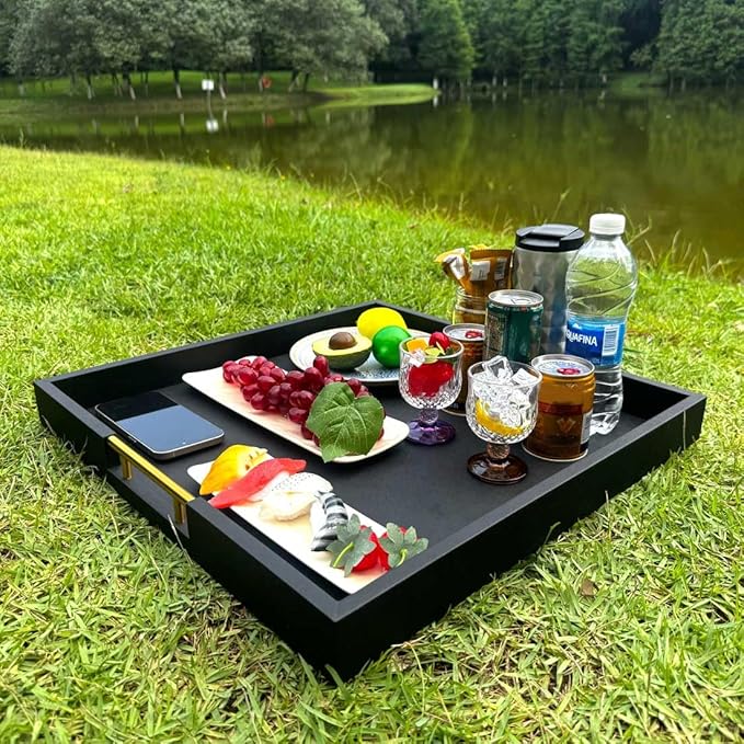 20x20 Inches Large Black Faux Leather Wrapped Wood Ottoman Tray with Handles for All Occasions, Serving Food Breakfast On Bed, Home Decor Decorative, Living Room,Square Coffee Table Organizer