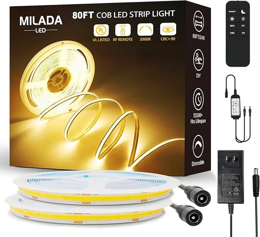 COB LED Strip Light 3000K 80FT/24M Warm White High Lumen Dimmable Strip Paired with RF Remote 24V UL Certified Adapter Suitable for Bedroom Cabinets