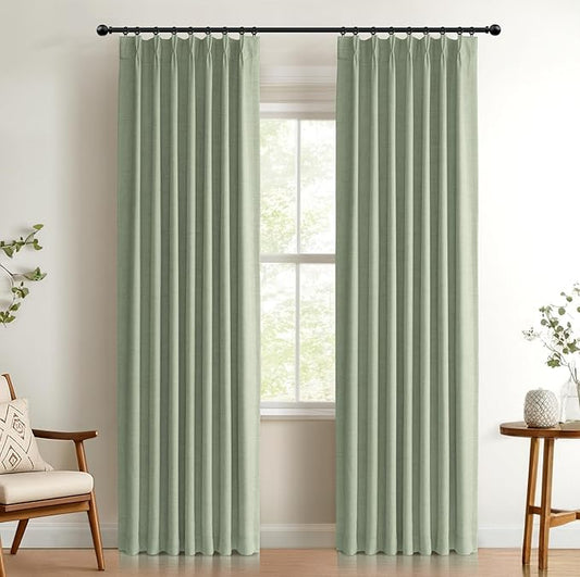 100% Blackout Shield Linen Look Textured Pinch Pleated Curtains Blackout Drapes 120 Inch Long 2 Panels Set, Faux Linen Blackout Curtains for Bedroom & Living Room, 40" W x 120" L, Sage Green