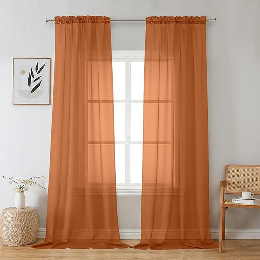 Aiyufeng Orange Sheer Curtains 96 Inches Long 2 Panels Set, Light Filtering Soft Airy Voile Rod Pocket Orange Sheer Window Drapes for Bedroom Living Room, Each 42Wx96L Inches