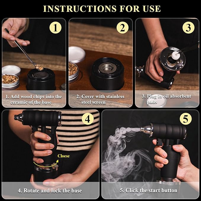 Whiskey Smoker Electric Set Bourbon for Men Old Fashioned Smoker Drink with 6 Wood Chips and 6 Whiskey Stones Food and Cocktail Smoked Kitchen Bar Tools Cool White Elephant Gifts Black