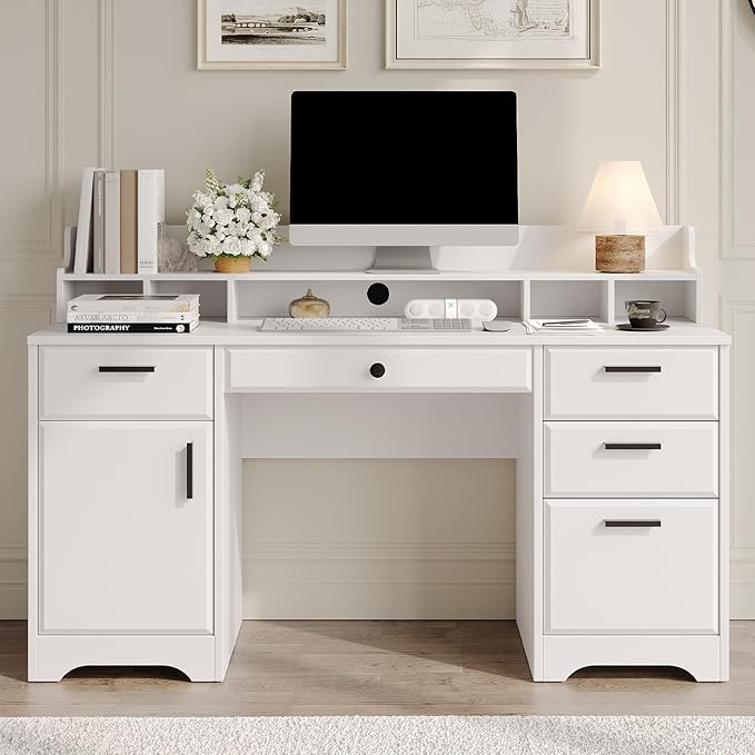 Executive Desk with Hutch, 58 Inch White Computer Desk with 5 Drawers, Home Office Desk with Storage, Rustic Desk with Adjustable Shelves and Storage Cabinet for Bedroom