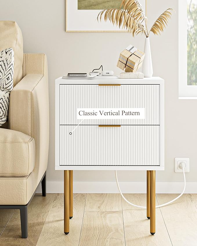 Masupu Nightstand with Charging Station,Mid-Century Modern Bedside Table with 2 Storage Drawer,Small Gold Frame Side End Table for Bedroom,Living Room (White)