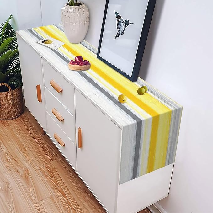 Emvency Yellow Abstract Table Runner, Modern Grey White Striped Dining Decor for Kitchen Coffee Table Family Dinners Holiday Parties Wedding Events Decor(13x72 inch)