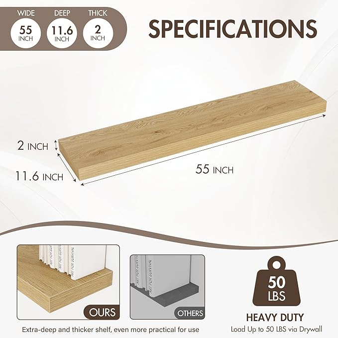 55 Inch Floating Shelves, 12" Deep Floating Shelf Wall Mounted, 55" Wall Shelves, Rustic Deep Bookshelf, Extra Deeper & Thicker Display Shelves for Bedroom, Living Room, Oak, Set of 2