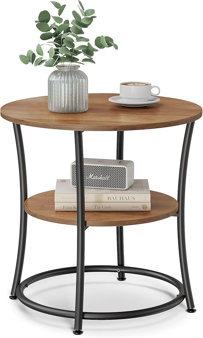 VASAGLE Side Table, 2-Tier Round End Table, Nightstand with Steel Frame for Small Spaces, Living Room, Bedroom, Honey Brown and Ink Black