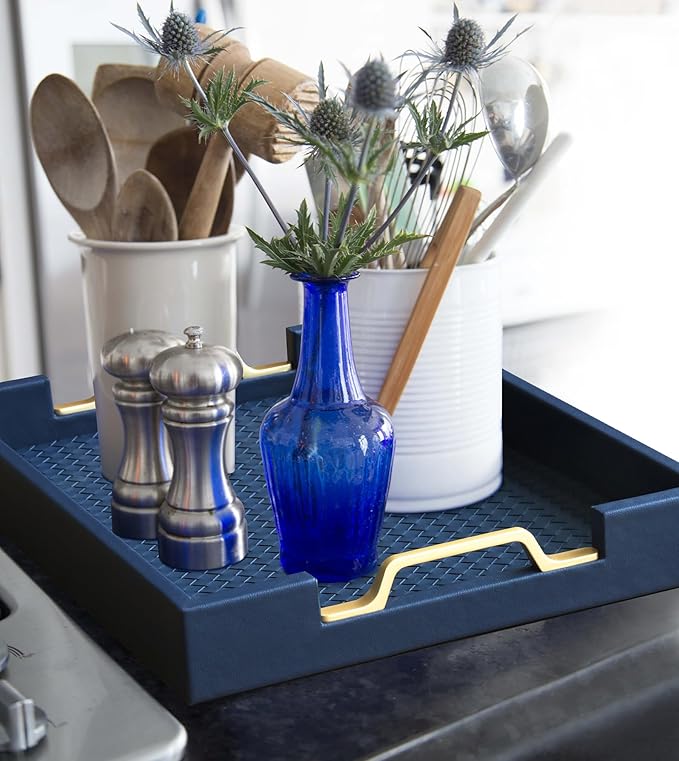 HofferRuffer Faux Leather Rectangle Serving Tray Decor Platter with Gold Metal Handles for Coffee Table, Breakfast, Tea, Food, Countertop, Kitchen, Butler Tray, 16.2 x 12.2 x 2 inches (Navy Blue)