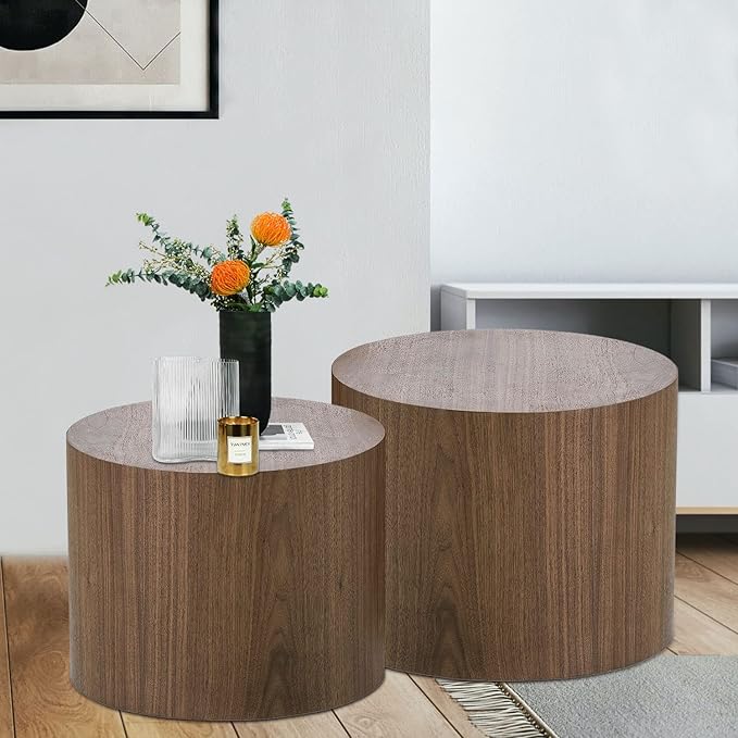 Nesting Coffee Table Set of 2, Modern Round Side Tables with Non-Slip Feet, Walnut Wooden Accent Table, Circle End Tables, Minimalist Table for Small Space Living Room Bedroom Balcony