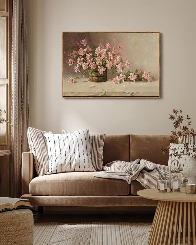KISSFOX Vintage Floral Canvas Wall Art Framed Retro Pink Flower Botanical Painting Prints Farmhouse Rustic Still Life Roses Pictures Decor Gallery Office Living Room Bedroom Bathroom