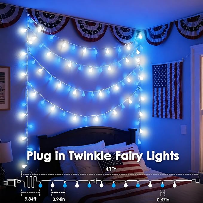 43FT Connectable String Lights Indoor Outdoor | 100LED Blue and White Globe Fairy Lights Plug in 13 Modes with Timer | Christmas Light for Bedroom Classroom Wedding Party Christmas Tree Decorations