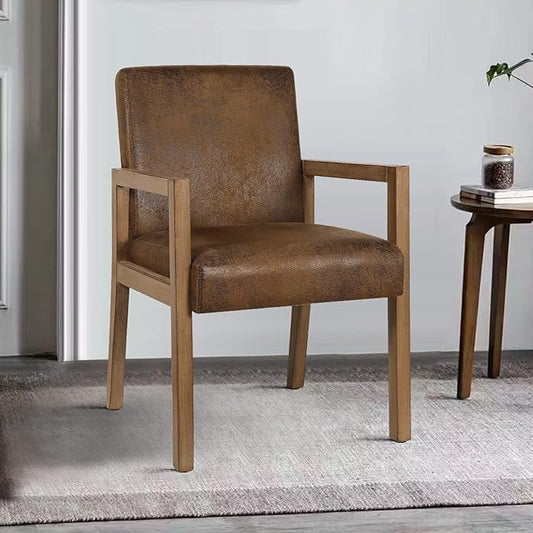 Bekrvio Dining Chairs, Upholstered Faux Leather Dining Chairs with Arms, Mid Century Modern Accent Chairs for Living Room, Arm Chairs with Wood Frame (1, Brown with Wood Arms)