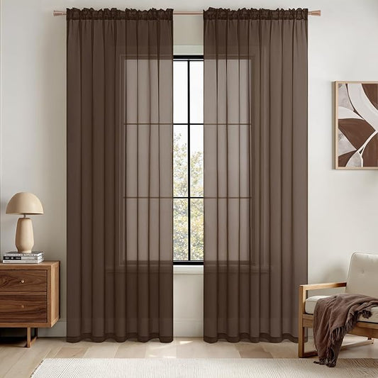 MIULEE Short Chocolate Brown Sheer Curtains 54 Inches Long, Light Filtering Voile Drapes with Rod Pocket for Bathroom Windows, Small Window Treatments, 2 Panels Set