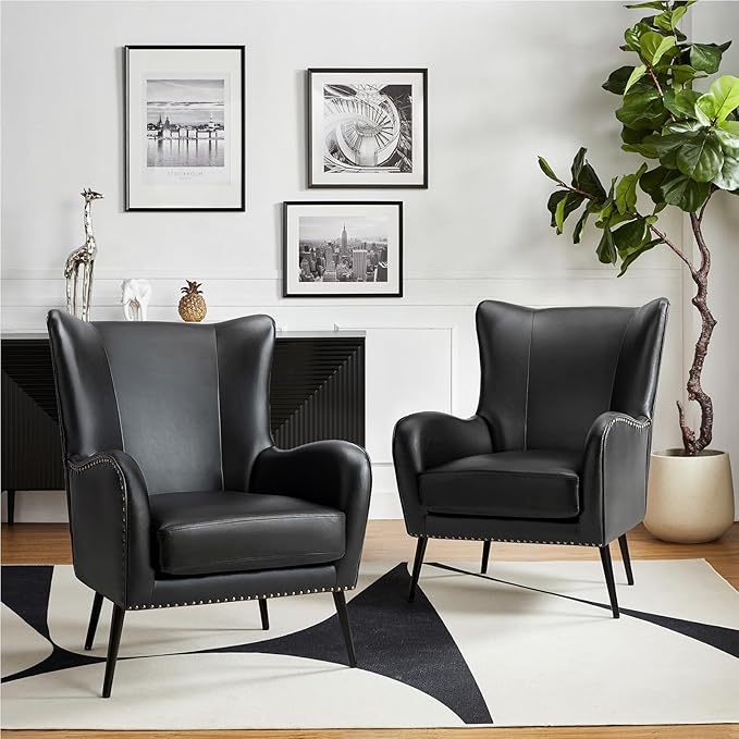 HULALA Home Faux Leather Accent Chair Set of 2 w/Removable Cushion, Comfy Upholstered Armchair with Metal Legs & Nailhead Trim Wingback Vanity Chair Desk Chair for Reading Living Room Bedroom, Black