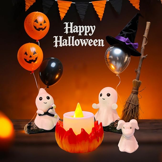 2025 Ghost Campfire Nightlight, Cute Halloween Ghost Figurine, Spooky Ghost Halloween Decorations, Adorable Halloween Decor Indoor for Home Mantel Tabletop Party (with Dog)
