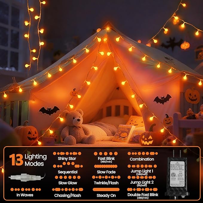 Connectable Orange Halloween Lights Outdoor Indoor - 43FT 100LED Globe String Lights Plug in with Timer, 13 Modes Fairy Light Waterproof for Party Halloween Decorations Bedroom Decor