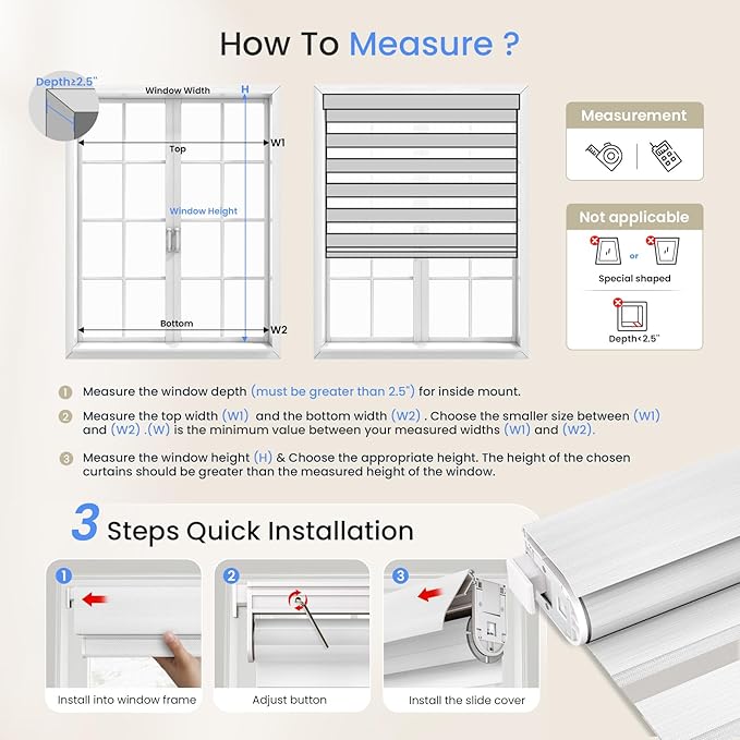 Grandekor No Drill Zebra Blinds for Windows,Cordless Zebra Shades Dual Layer, Pull Down Roller Shades Free-Stop,Custom Sizes,Textured White,Easy to Install for Home, Office, Bedroom