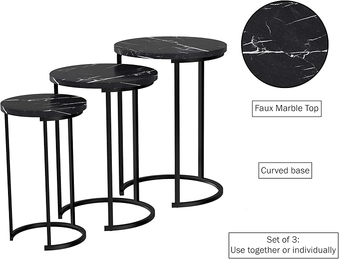 Lavish Home Nesting Tables - Set of 3 Round Side Tables for Living Room, Bedroom, or Home Office - Faux Marble End Table Set - Modern Living Room Furniture (Black)
