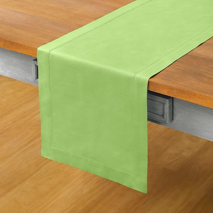 Solino Home Cotton Linen Table Runner 120 Inches Long - Hemstitch Apple Green Dining Table Runner 14 x 120 Inch