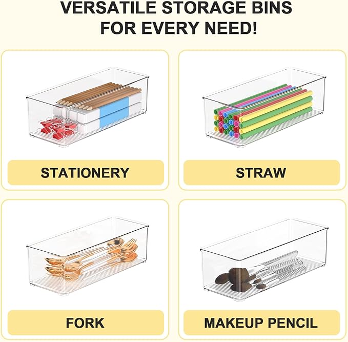 Set of 8 Clear Plastic Storage Bins, 4 Large +4 Small Pantry Organizers and Storage Containers for Kitchen, Garage, Freezer& Bathroom - Office Supplies Storage Bin for Drawer, Desk and Shelf