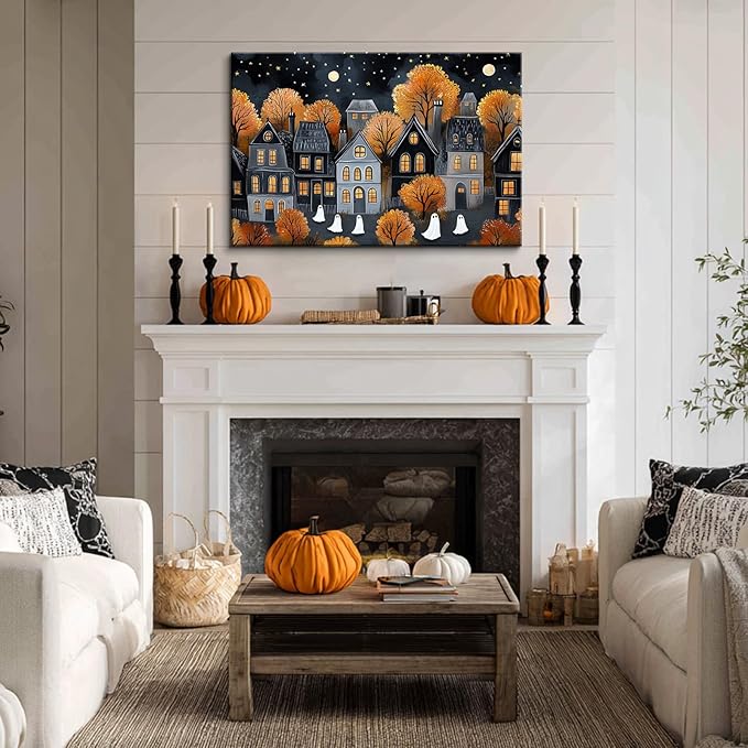 BANHUA1 Halloween Village Scene Canvas Wall Art, Ghosts And Autumn Foliage Print, Dark Academia Wall Decor for Home, Living Room, 18 x 12 Inch