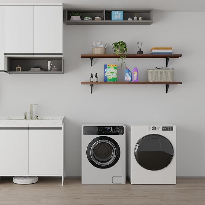 48 inch Long Floating Shelves for Wall,Solid Pine Wood Long Wall Shelves Set of 2,Walnut Color Bookshelf with Retro Iron Brackets for Living Room,Kitchen,Bathroom