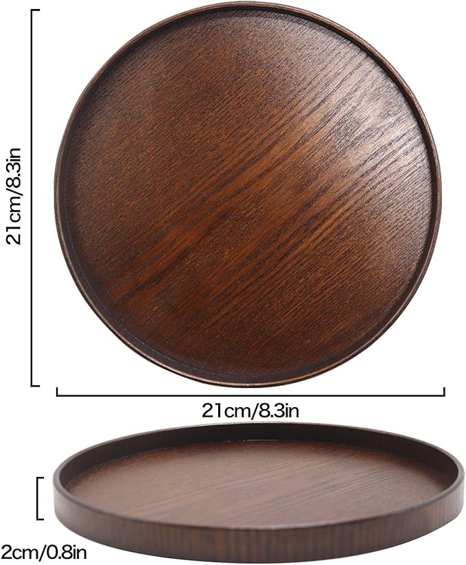 NC Solid Wood Serving Tray, Round Non-Slip Tea Coffee Snack Plate Food Meals Serving Tray with Raised Edges for Home Kitchen Restaurant (8.2inch, Brown)