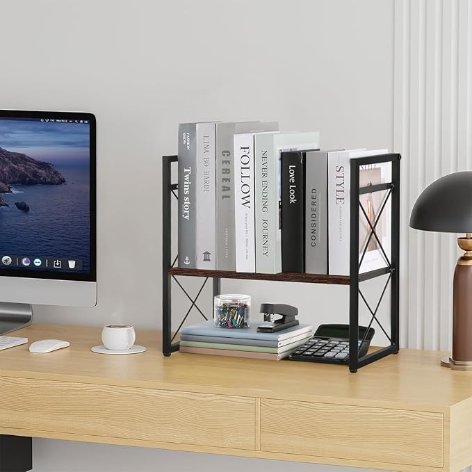 YINMIT Desktop Shelf Organizer, 2 Tier Office Shelves, Wood Desk Organizer Storage Rack and Freestanding Display Shelf for Office, Dormitory, Home (Brown)