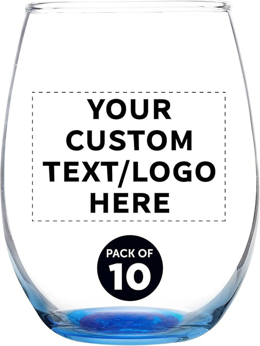 Custom Stemless Wine Glass 9 oz. Set of 10, Personalized Bulk Pack - Great for Wedding Favors, Bachelorette Party Decorations, Party Favors, Color Bottom - Blue