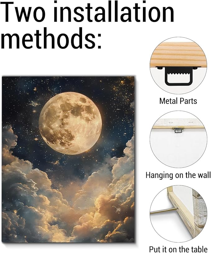 Aesthetic Celestial Moon Wall Art Decor Night Sky Moon Dark Academia Canvas Print Poster Framed Picture Painting for Home Living Room Bedroom Wall Decor 8x10 Inch