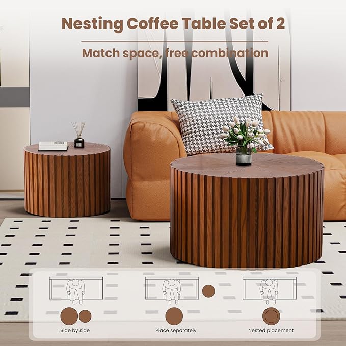 WXFKLDJ Round Nesting Coffee Table Set Cylindrical Wooden Coffee Table Sofa Center Table Circle Embossed Design Side Table for Living Room Apartment No Assembly (Striped Brown Large)